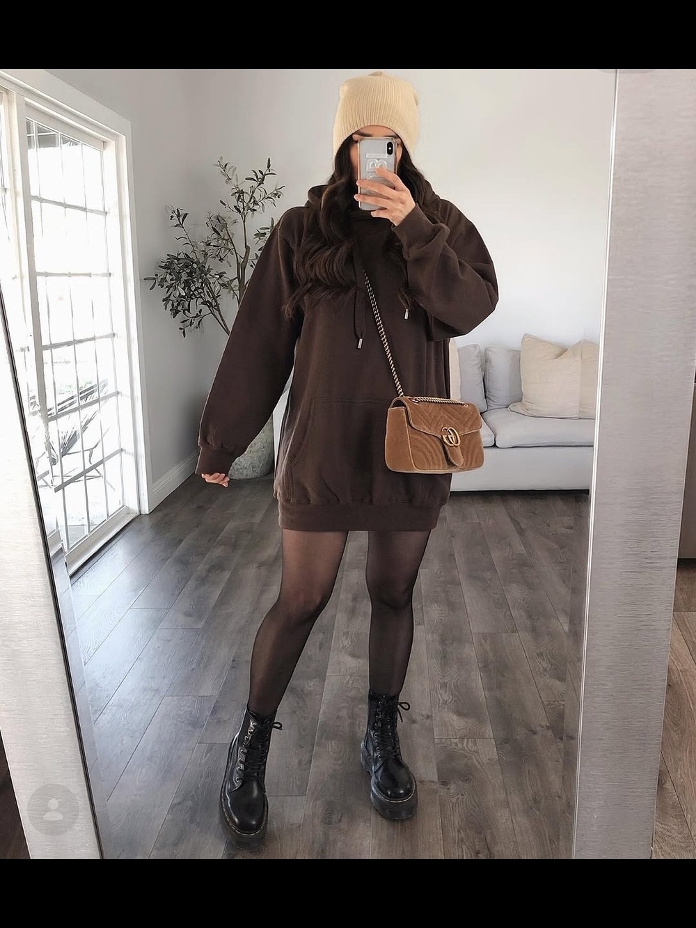 Source Unknown Brown Mini Hoodie Dress with Tan Crossbody